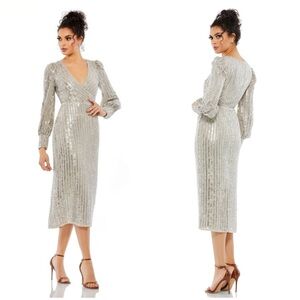 Mac Duggal Silver Long Sleeve Dress